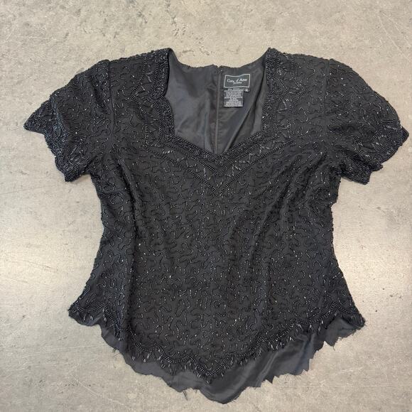 Vintage Y2K Black Silk Fully Embellished Short Sleeve Flowy Women's Blouse XL - Picture 1 of 6